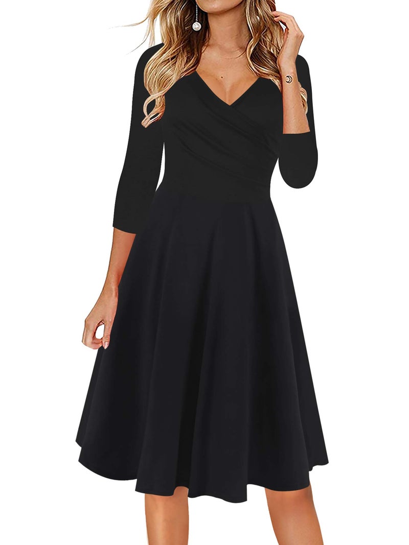 oxiuly Womens VNeck Casual Work Aline Dress CrissCross Solid Cotton Party Cocktail Tea Midi Dresses OX233 XL Black Solid7