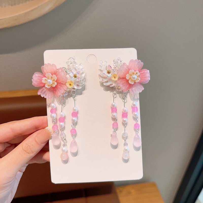 Generic New Antique Childrens Hairpin Hanfu Ancient Clothes Hair Accessories Cute Girls Tassel Flower Hairpin Little Girls Super Fairy Clip 01# pink coral tassel pair