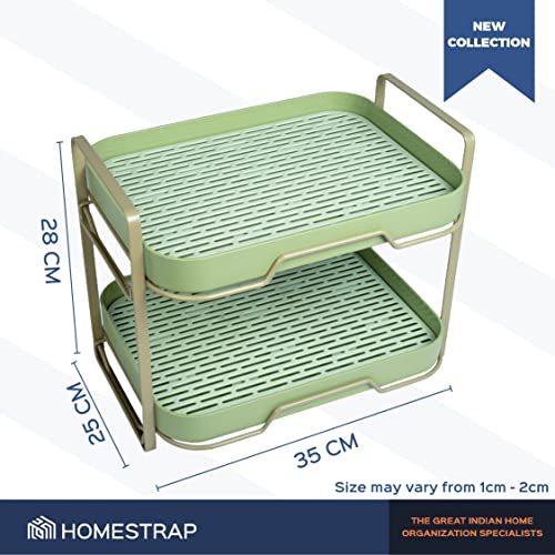 HomeStrap Plastic Double Drain Shelf Organiser |Cosmetic Organizers, Vegetable Drying Shelf With Drain Tray (Green) - Image 2