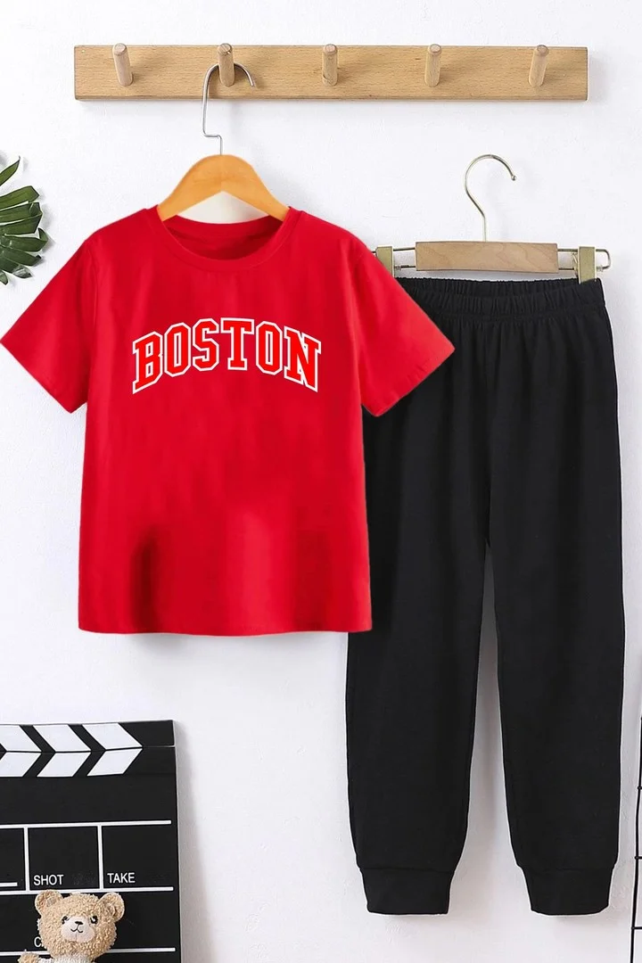 ONLYTRENDWEAR Childrens Boston Bottom - Top Tracksuit Set 3-4 Years Old Red