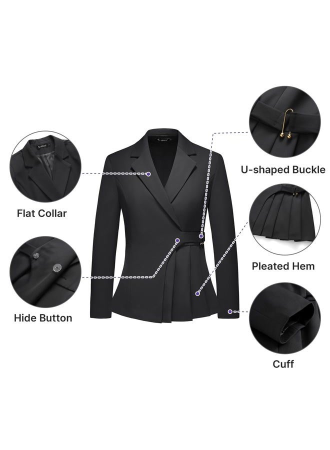 TronStore Women's Pants Suit Solid Jacket 2 Piece Set Irregular Blazer Suit Business Casual, Black, M - Image 2