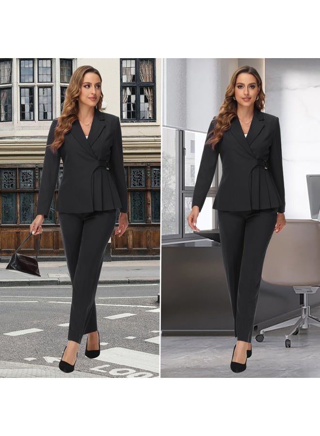 TronStore Women's Pants Suit Solid Jacket 2 Piece Set Irregular Blazer Suit Business Casual, Black, M - Image 5