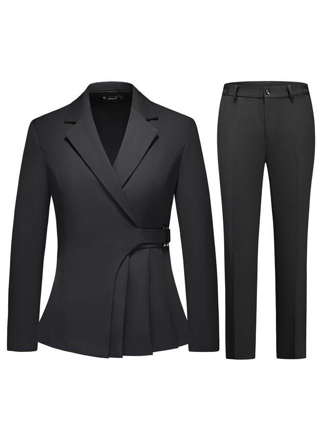 TronStore Women's Pants Suit Solid Jacket 2 Piece Set Irregular Blazer Suit Business Casual, Black, M - Image 1