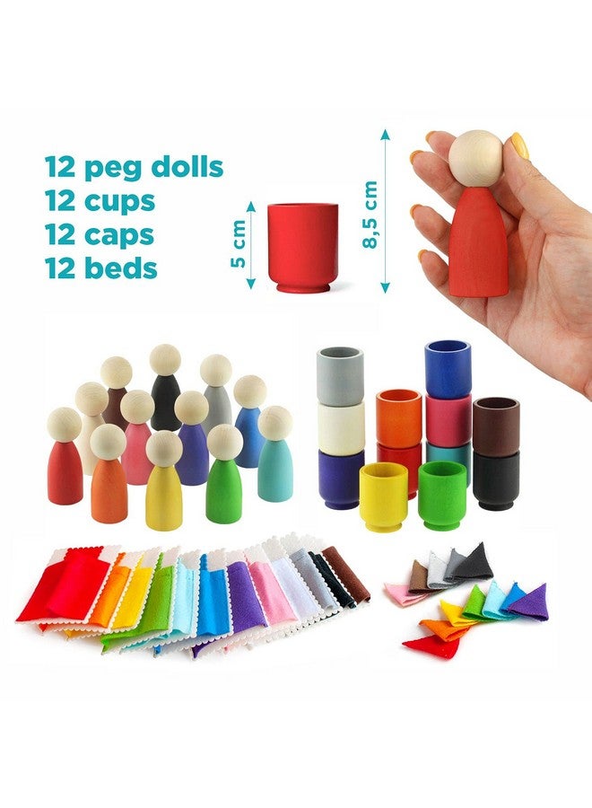 Ulanik Large Peg Dolls in Cups with Hats & Beds Toddler Montessori Toys for 3 Year Old + Wooden Waldorf Dolls for Learning Color Sorting & Counting - 12 Gnomes - Image 2