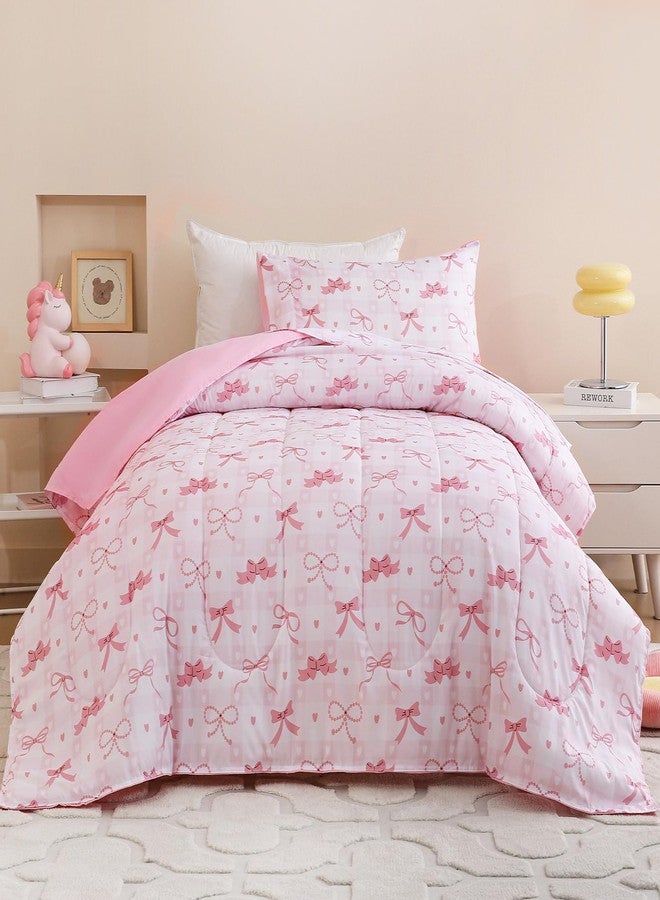 Homilay Twin Size Pink Check Comforter Set for Kids, Toddler, Boys&Girls, 4 Pieces Bed-in-a-Bag Bedding Set, All Season Ultra Soft Oeko TEX Sheets Set with Comforter, (Pink Bow) - Image 2
