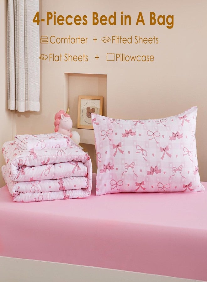 Homilay Twin Size Pink Check Comforter Set for Kids, Toddler, Boys&Girls, 4 Pieces Bed-in-a-Bag Bedding Set, All Season Ultra Soft Oeko TEX Sheets Set with Comforter, (Pink Bow) - Image 3