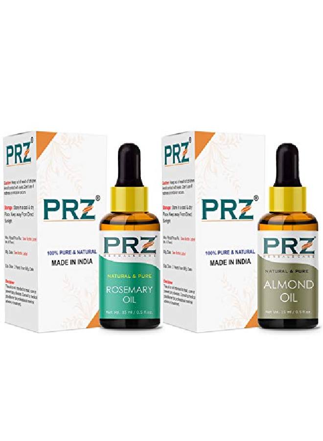 PRZ Combo of Rosemary Essential Oil & Cold Pressed Almond Carrier Oil 100% Pure l & Therapeutic Grade Oil for Aromatherapy Body Massage Skin Care & Hair Growth (15ML Each) - Image 3