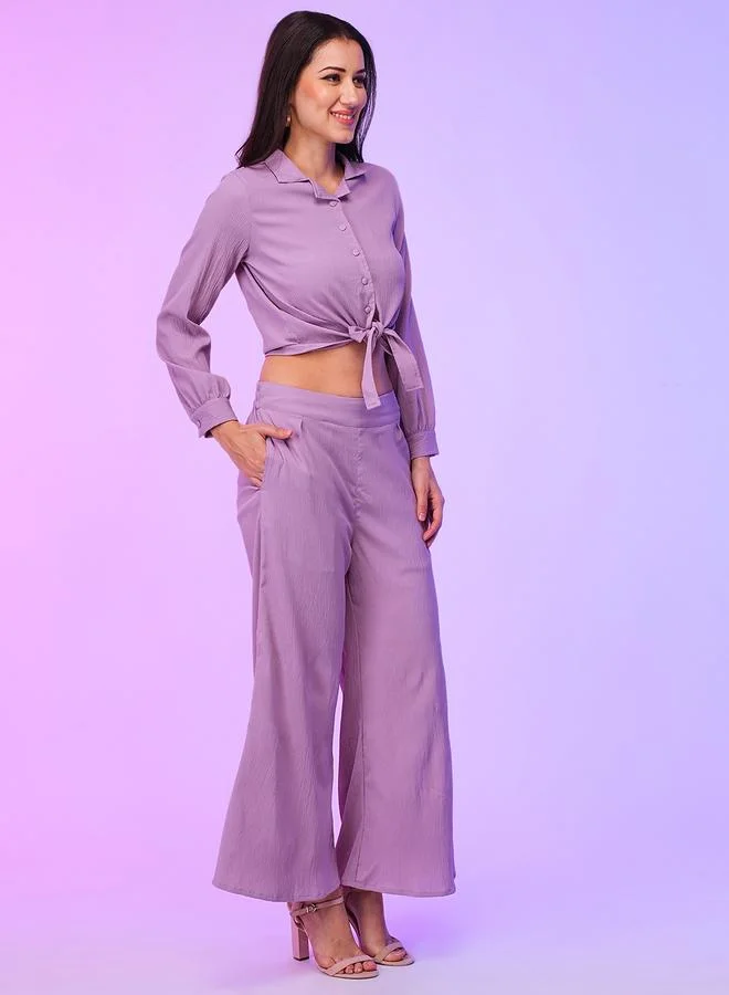 globus Globus Purple Front Tie Up Shirt and Palazzos Co-Ords