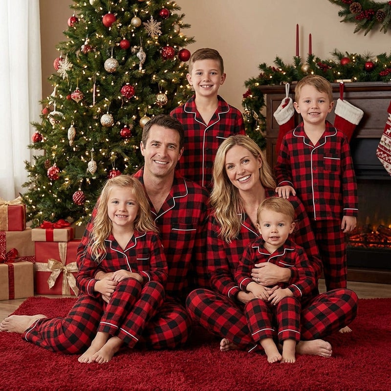 2026 Cross-Border Best-Selling Simple Elegant Christmas Plaid Home Family Pajama Set