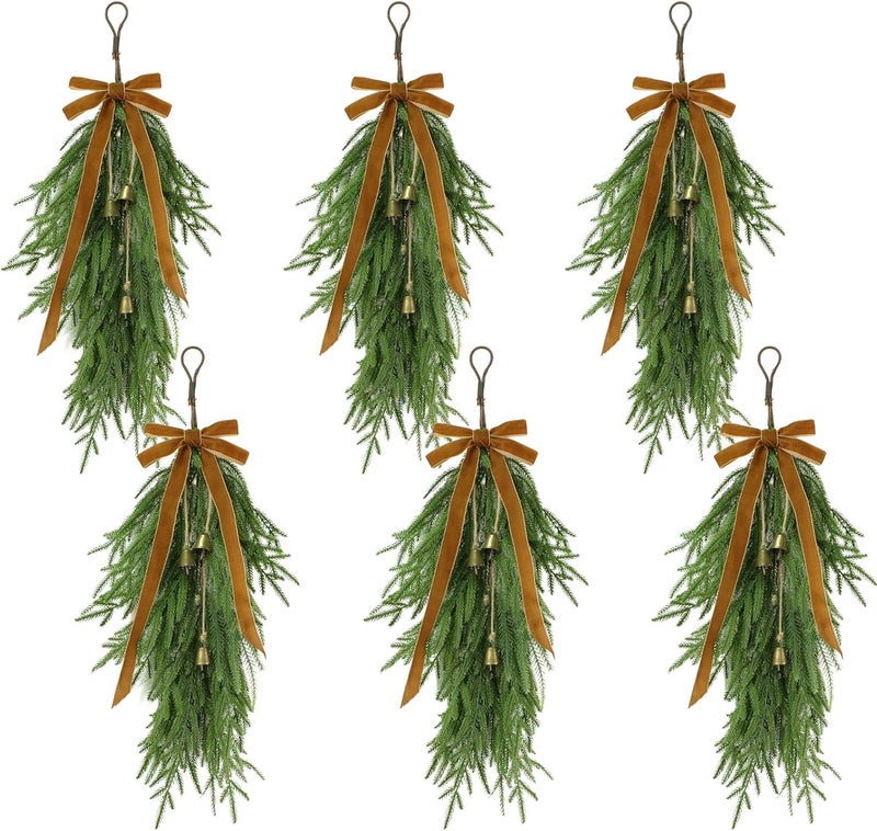 deckit 6Pcs 27" Christmas Teardrop Swag/Artificial Norfolk Pine Teardrop Wreath .Yellow Velvet Bow & 18 Vintage Brass Bells for Christmas Door swags, Mantle Fireplace, Stairway Window Outdoor Decor - Image 1