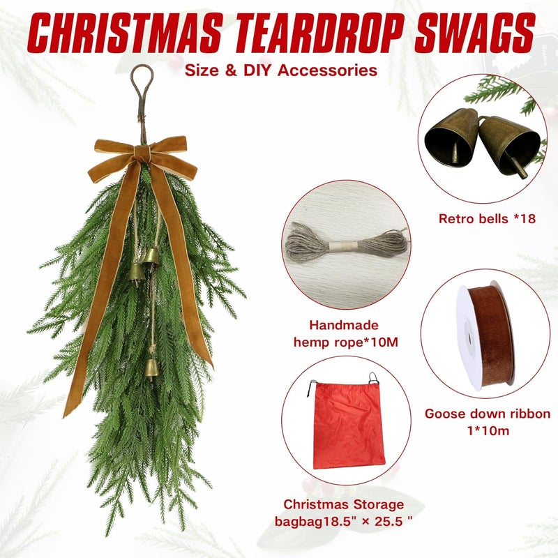deckit 6Pcs 27" Christmas Teardrop Swag/Artificial Norfolk Pine Teardrop Wreath .Yellow Velvet Bow & 18 Vintage Brass Bells for Christmas Door swags, Mantle Fireplace, Stairway Window Outdoor Decor - Image 2