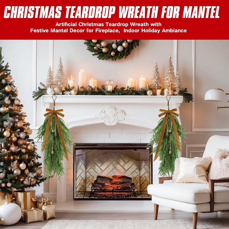 deckit 6Pcs 27" Christmas Teardrop Swag/Artificial Norfolk Pine Teardrop Wreath .Yellow Velvet Bow & 18 Vintage Brass Bells for Christmas Door swags, Mantle Fireplace, Stairway Window Outdoor Decor - Image 5
