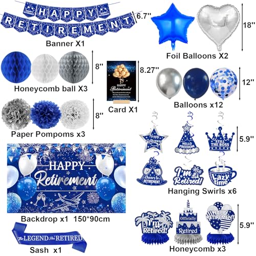 Bolake Happy Retirement Party Decorations for Men Women Blue Silver Happys Retirements Decorations Happy Retirements Banner Backdrop Card Retirement Sash Hanging Swirls Foil Balloons Honeycomb Centerpieces - Image 5