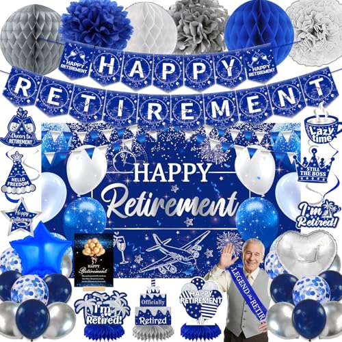 Bolake Happy Retirement Party Decorations for Men Women Blue Silver Happys Retirements Decorations Happy Retirements Banner Backdrop Card Retirement Sash Hanging Swirls Foil Balloons Honeycomb Centerpieces - Image 1