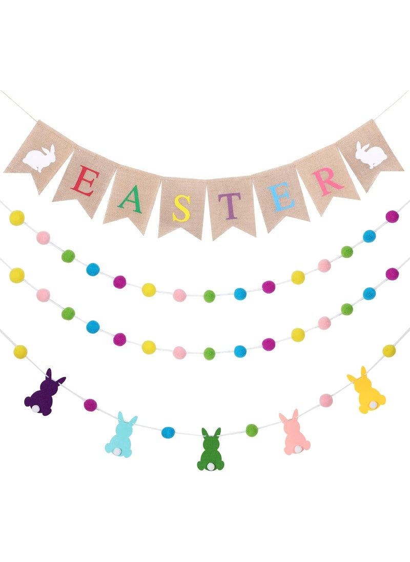 Moukeren Happy Easter Bunny Burlap Banner and 3 Pieces Easter Felt Ball Garland Bunny Decor Bunny Garland Colorful Pom Pom Garland Easter Spring Decor for Easter Spring Theme Party Home Indoor Outdoor Decor  - Image 1
