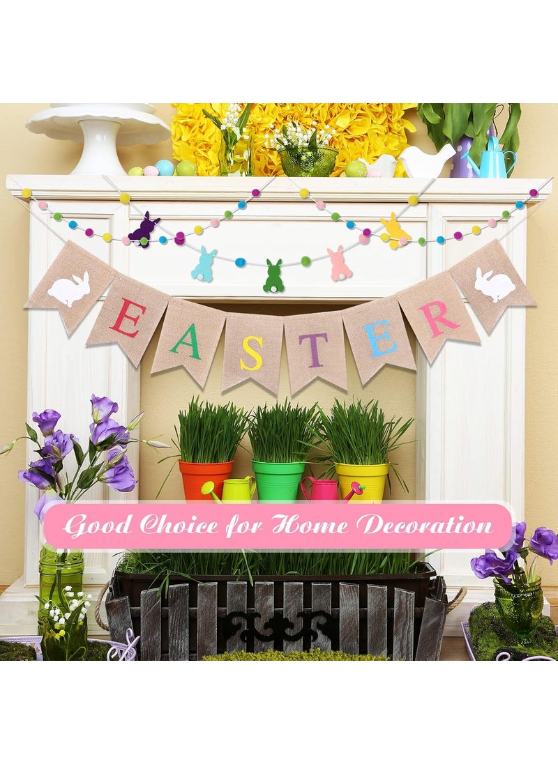 Moukeren Happy Easter Bunny Burlap Banner and 3 Pieces Easter Felt Ball Garland Bunny Decor Bunny Garland Colorful Pom Pom Garland Easter Spring Decor for Easter Spring Theme Party Home Indoor Outdoor Decor  - Image 3