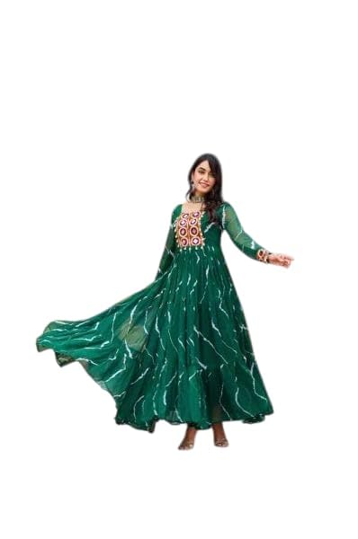 KD Women's Georgette Anarkali Kurta Set, Long Sleeve, Laheriya Floral Print Design with Kutchi Miror Patchwork Real Mirror Work Anarkali kurta Pant set, Calf Length (IN, Alpha, S, Green) - Image 1