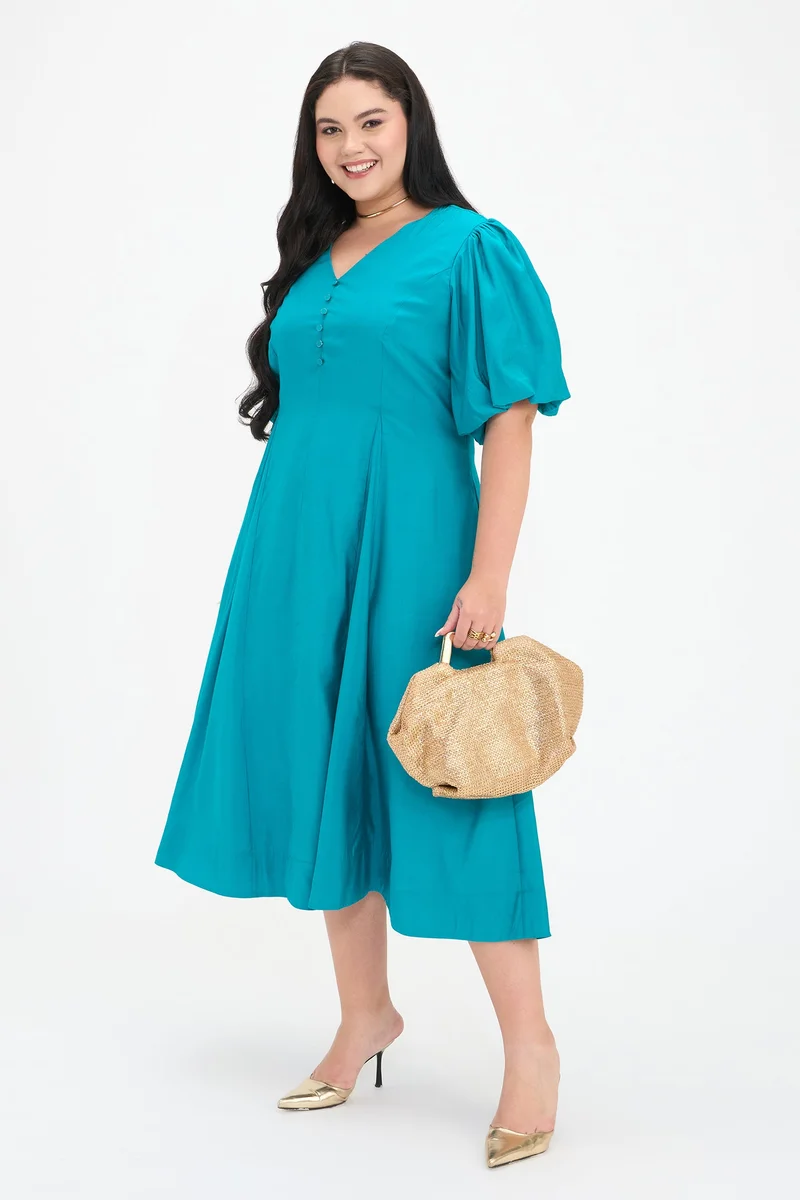 فيرجيو Solid Viscose Fit And Flare Midi Plus Size Dress for Women