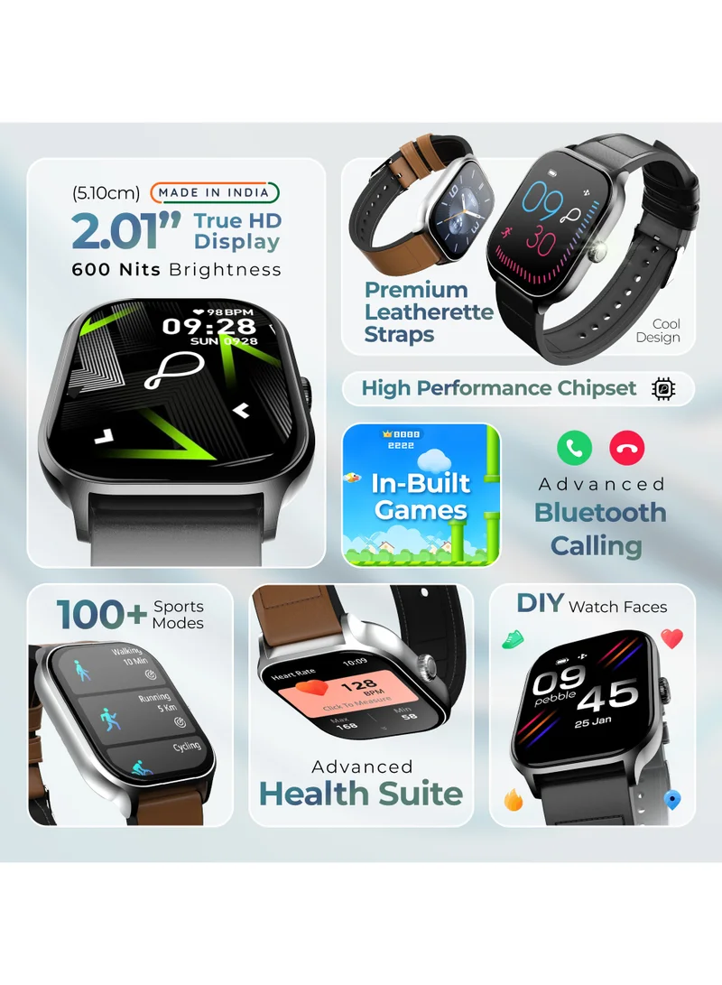 Pebble Edge 2.01" True HD Display, Premium Leather Strap, Light Weight Design, Health suite, BT Calling, Calculator,