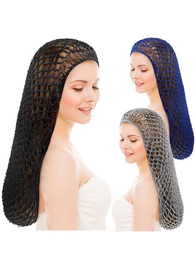 Waydress 3 Pieces Mesh Crochet Hair Net Crocheted Hair Net Cap Soft Rayon Snood Hat 20 Inch Sleeping Cap Hair Accessories for Women (Black, Gray, Sapphire) - Image 1