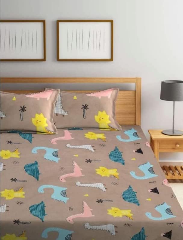 NEW LEAF Style Cotton Feel Glace Cotton Elastic Fitted Printed King Size Double Bed Bedsheet with 2 Pillow Cover (78"x72", Cute Brown Dinosaur Design) - Image 5