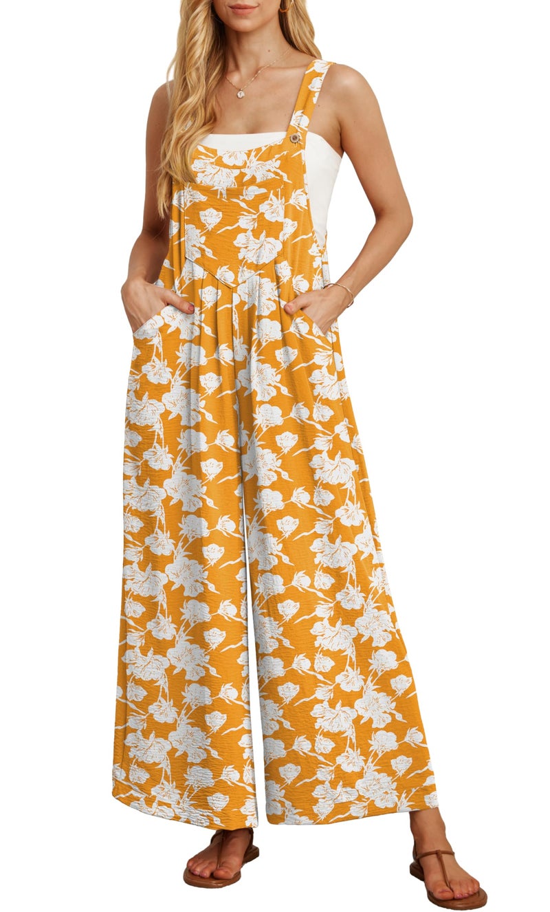 IWOLLENCE Women's Summer Jumpsuits Boho Wide Leg Overalls Casual Loose Rompers with Pockets 2024 Yellow Peony Large - Image 1