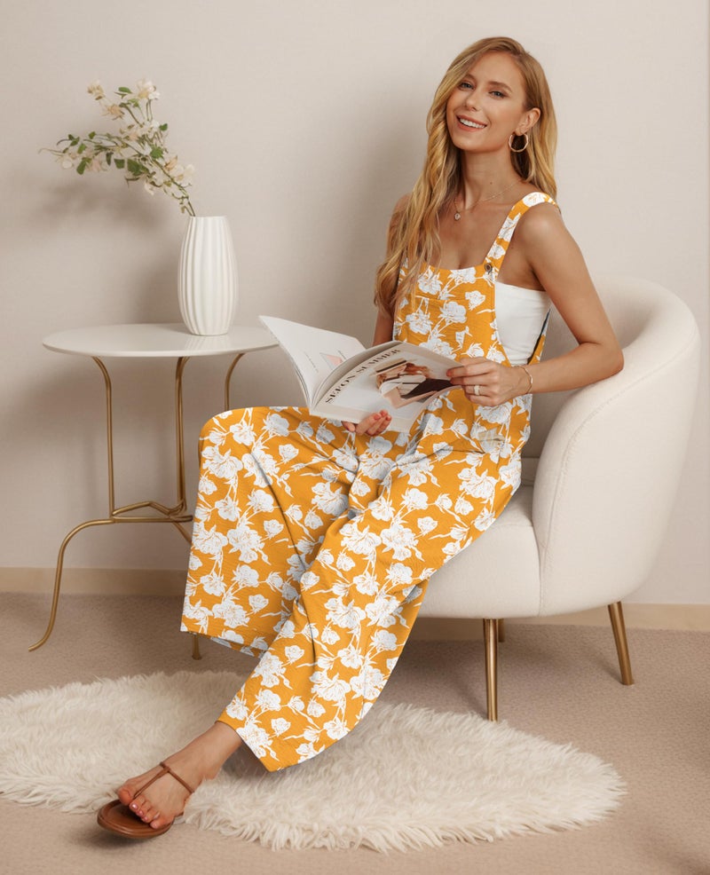 IWOLLENCE Women's Summer Jumpsuits Boho Wide Leg Overalls Casual Loose Rompers with Pockets 2024 Yellow Peony Large - Image 4