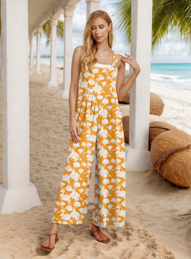 IWOLLENCE Women's Summer Jumpsuits Boho Wide Leg Overalls Casual Loose Rompers with Pockets 2024 Yellow Peony Large - Image 2