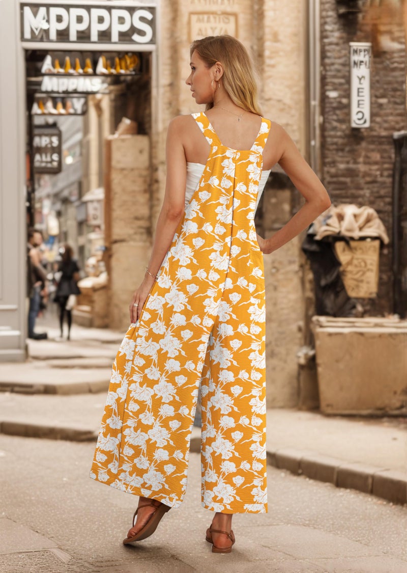 IWOLLENCE Women's Summer Jumpsuits Boho Wide Leg Overalls Casual Loose Rompers with Pockets 2024 Yellow Peony Large - Image 3