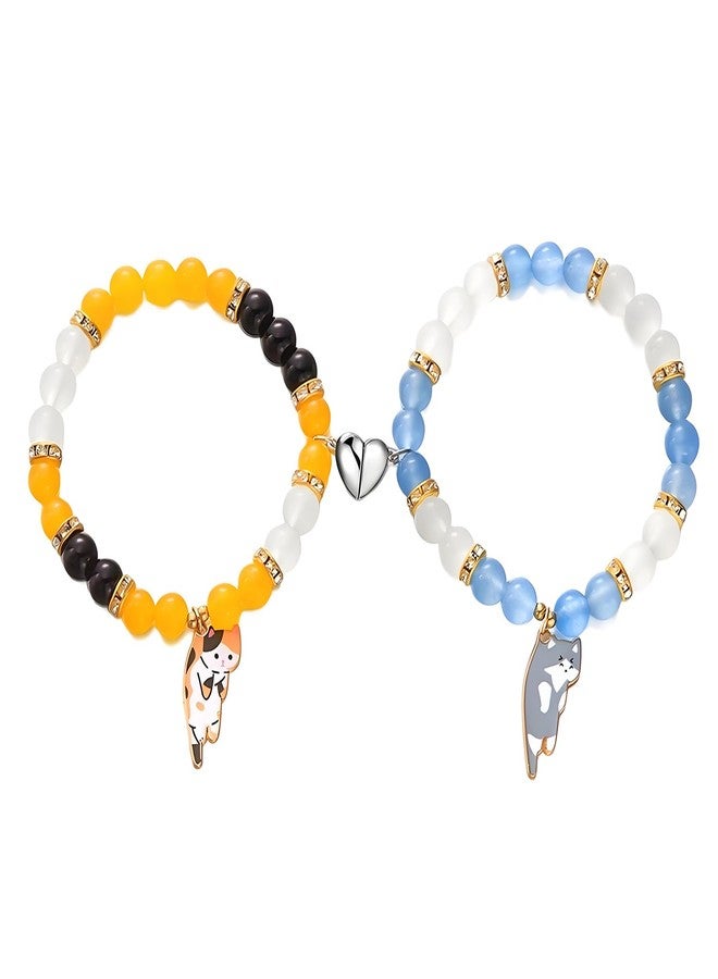 Waeceip 2Pcs Cat Matching Bracelets Set Friendship Matching Bracelets for Best Friend Bracelet Cartoon Cat Gifts for Cats Lover Gifts Cute Crystal Beaded Elastic Bracelet for Women Men Friendship Jewelry Gift (Yellow Blue) - Image 1