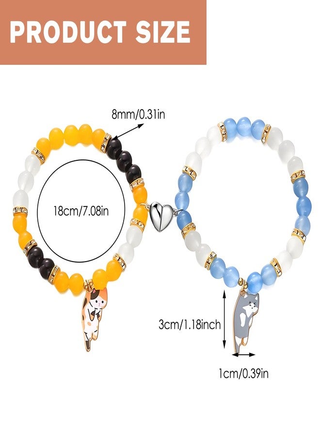 Waeceip 2Pcs Cat Matching Bracelets Set Friendship Matching Bracelets for Best Friend Bracelet Cartoon Cat Gifts for Cats Lover Gifts Cute Crystal Beaded Elastic Bracelet for Women Men Friendship Jewelry Gift (Yellow Blue) - Image 2