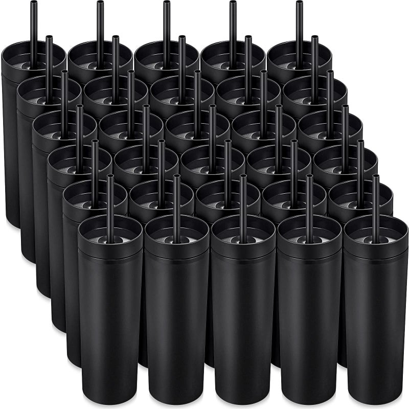 Mimorou 30 Pack Skinny Tumbler with Lids and Straws 16 oz Matte Colored Acrylic Tumblers Double Wall Plastic Tumbler Cups Skinny Travel Cup Reusable Cup for Parties Birthday Home OfficeBlack