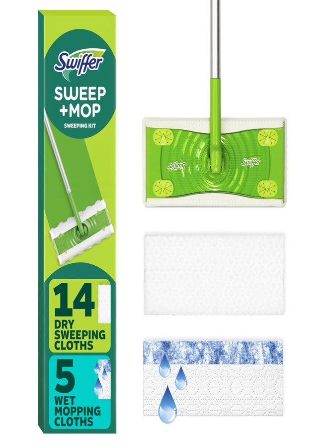 Swiffer مجموعة مسح وتنظيف الأرضيات 2 في 1 من سويفر، مجموعة متعددة الأسطح لتنظيف الأرضيات، تتضمن المجموعة 1 ممسحة، 14 قطعة قماش للتنظيف الجاف، 5 قطع قماش للمسح الرطب - Image 1