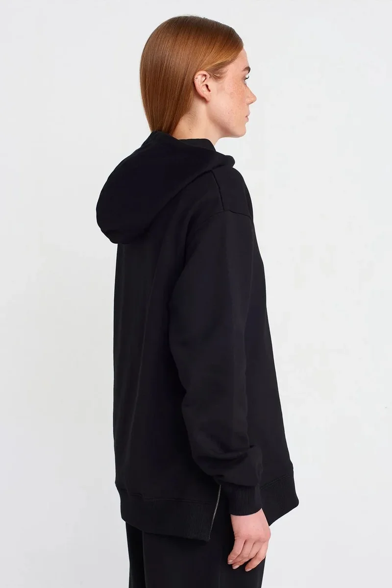 Dilvin Black DILVIN Oversized Cotton Zip-Front Hooded Sweatshirt for Women | Best Price UAE