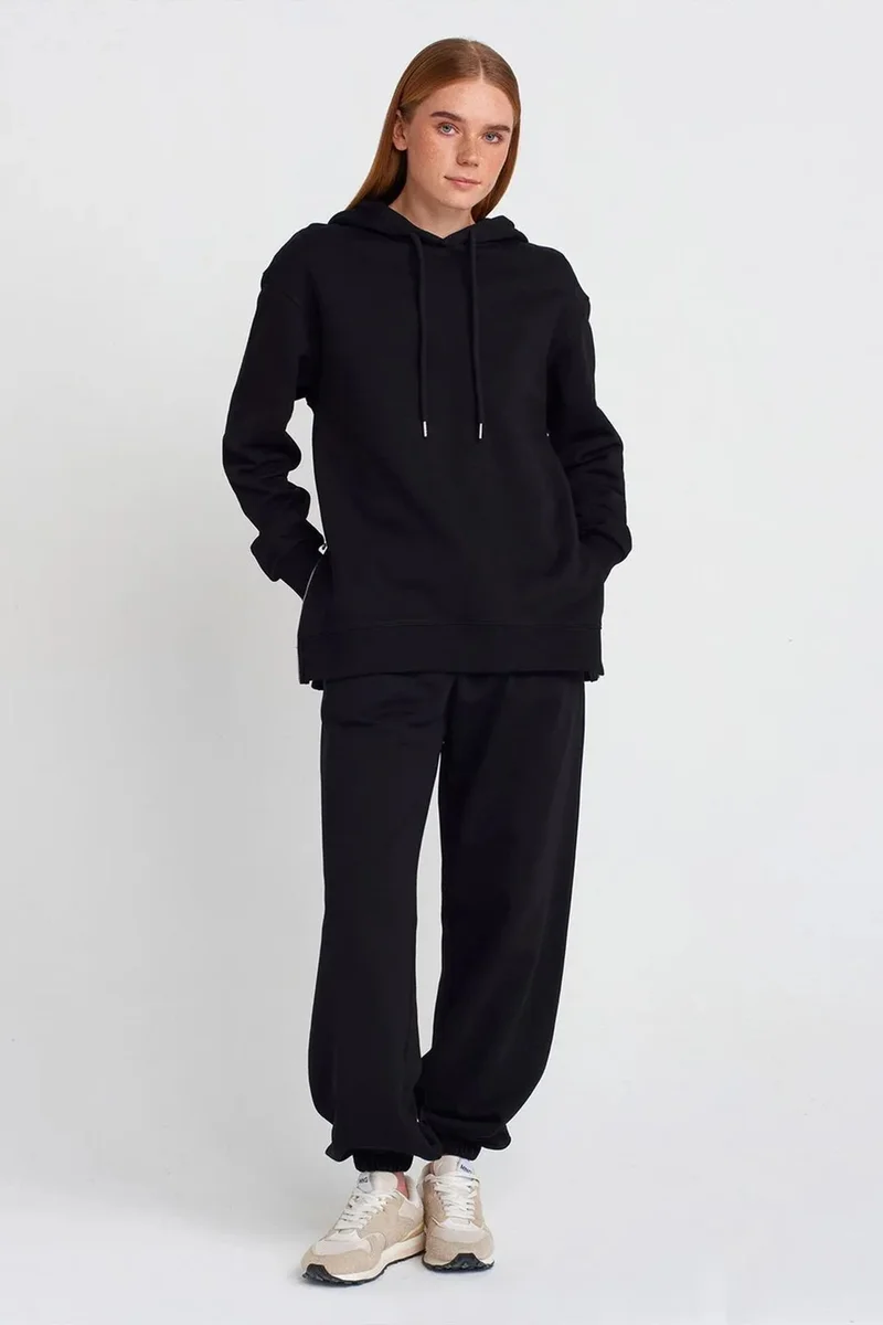 Dilvin Black DILVIN Oversized Cotton Zip-Front Hooded Sweatshirt for Women | Best Price UAE