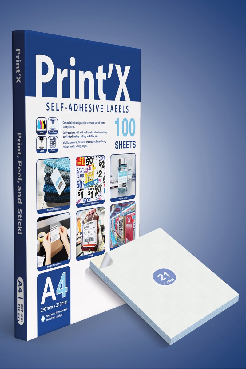 Print'X A4 Sticker Paper – 21 Labels per Sheet – Label Size 42.5 x 70 mm – Pack of 100 Sheets - Image 1