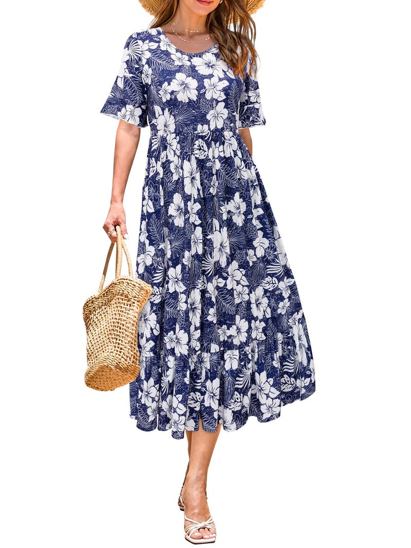 STYLEWORD Women's Summer 2025 Casual Short Sleeve Tiered Flowy Spring Dress Long Midi Beach Sundress Vacation Outfits(Floral05,M) - Image 1