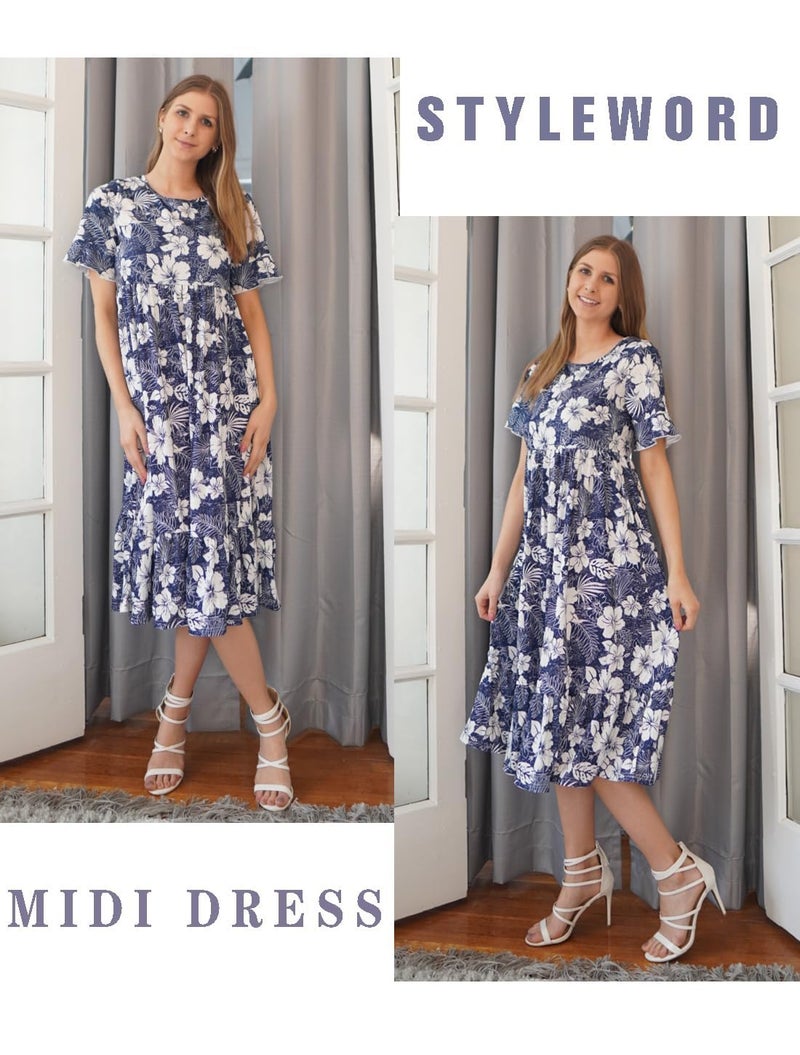 STYLEWORD Women's Summer 2025 Casual Short Sleeve Tiered Flowy Spring Dress Long Midi Beach Sundress Vacation Outfits(Floral05,M) - Image 4
