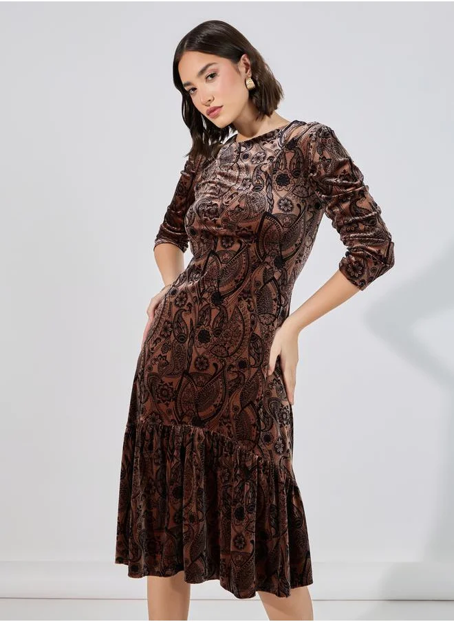 Styli Floral Print Cold Shoulder A-Line Midi Dress
