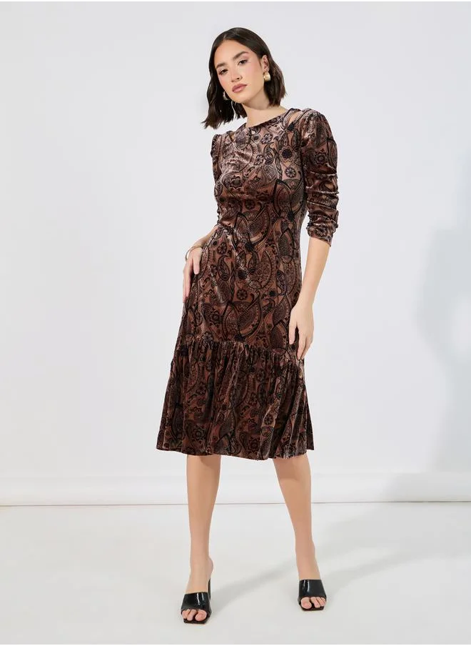Styli Floral Print Cold Shoulder A-Line Midi Dress