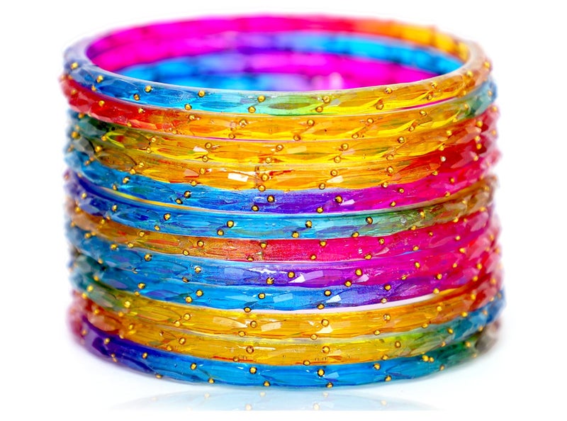JD'Z COLLECTION Raindrop Glass Bangles for Women, Traditional Style, Set of 12, Indian Trendy Transparent Crystal Glass Bangles Bracelet | Fancy Kanch ki Chudi Set | Bangles for Wedding (Multi, 2.6 (Inner Dia-2.37")) - Image 1