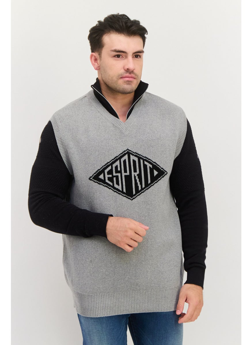 ESPRIT - Men V-Neck Brand Logo Long Sleeveless Vest, Grey - Image 1