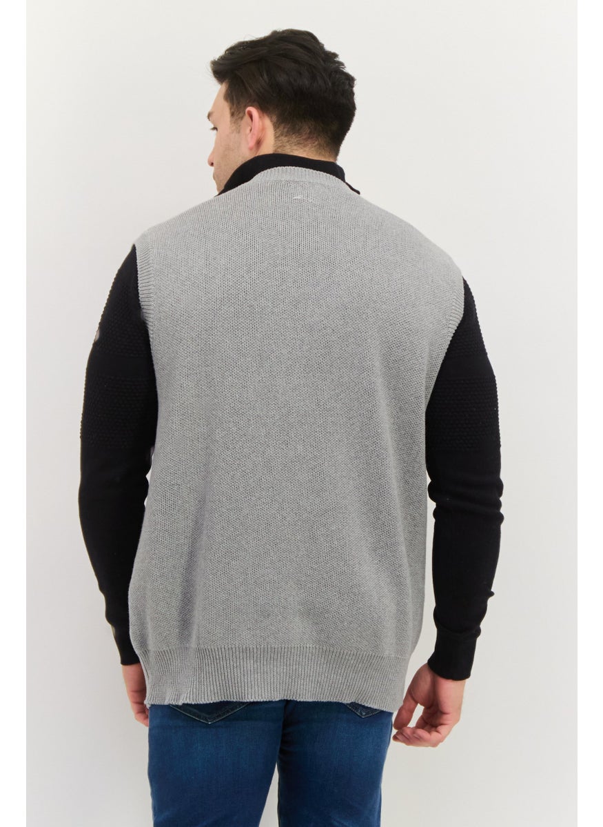 ESPRIT - Men V-Neck Brand Logo Long Sleeveless Vest, Grey - Image 1
