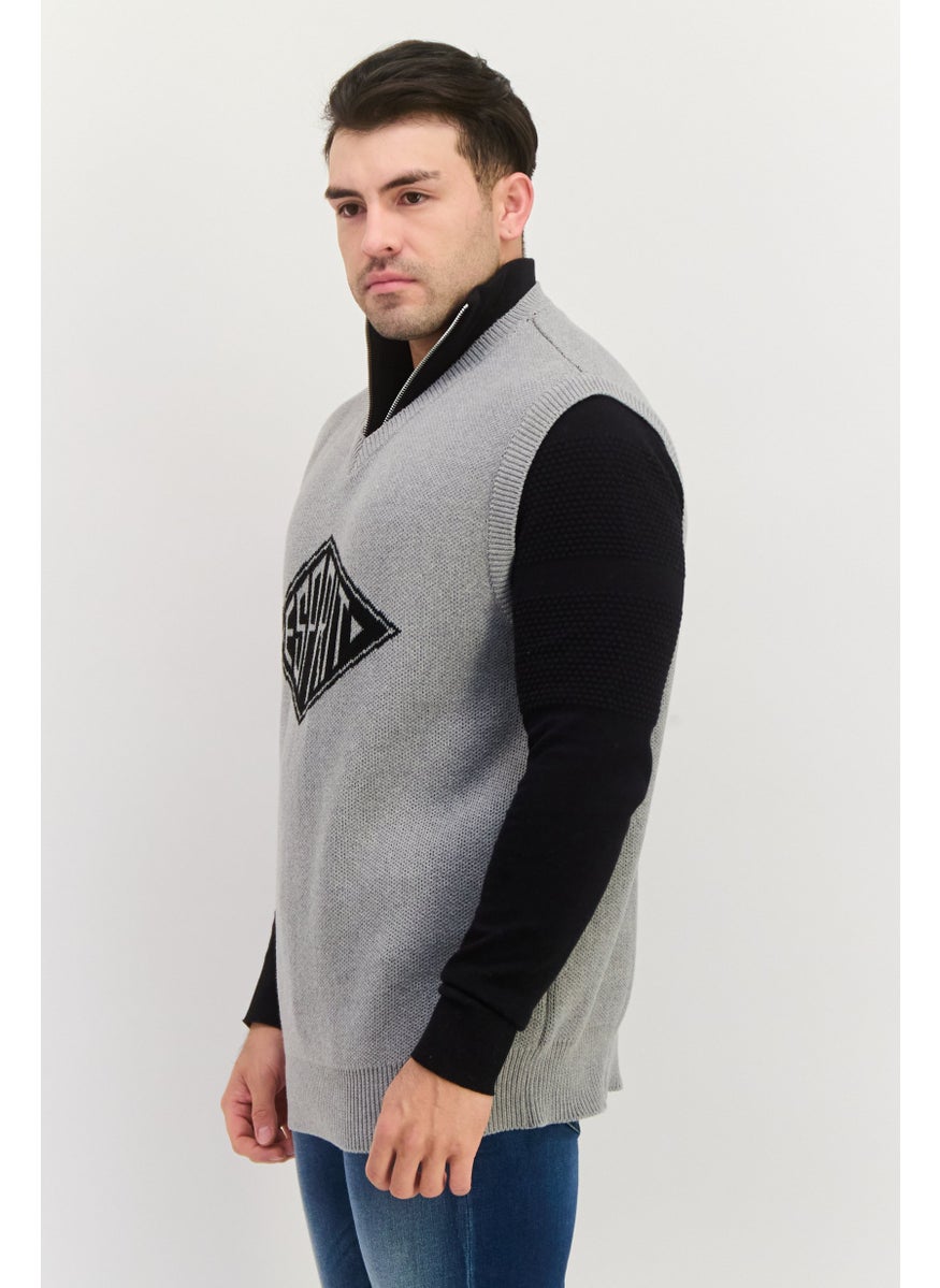 ESPRIT - Men V-Neck Brand Logo Long Sleeveless Vest, Grey - Image 1