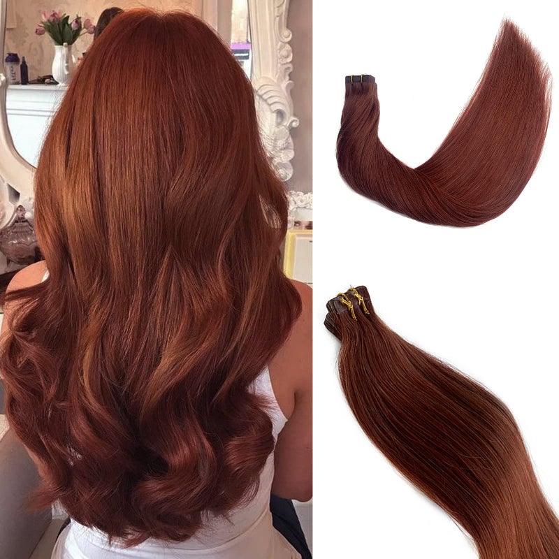 Tape in Hair Extensions Human Hair Seamless Skin Weft Silk Straight Mapel Leaf Red Colored Hair Extensions 20pcs 50gpack Invisible Adhesive Tape on 100 Remy Hair Extensions20Inch 33 Dark Auburn
