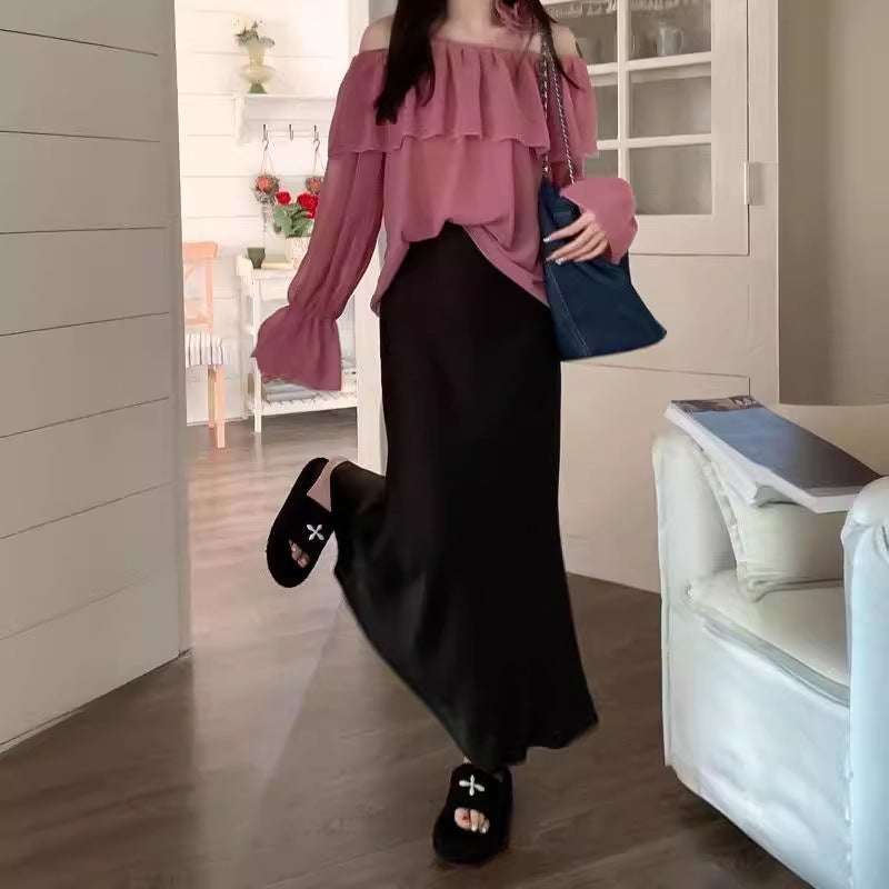 تنورة حريرية ساتان على شكل حرف A، خصر عالي، وردي - Image 4
