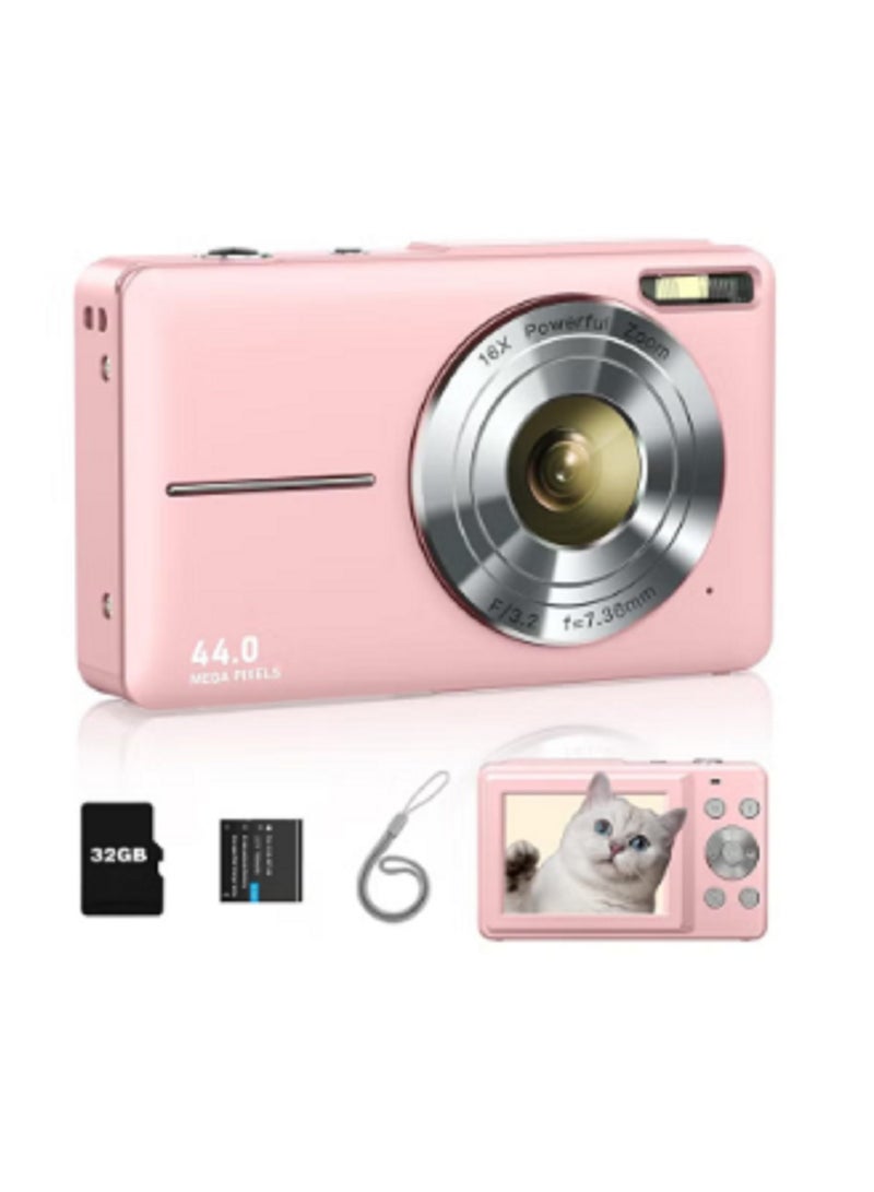 كاميرا رقمية، كاميرا للأطفال بدقة FHD 1080P، كاميرات رقمية بنقطة وتصوير بدقة 44MP مع بطاقة ذاكرة 32GB، زووم 16X، حبل، كاميرا بحجم مدمج، هدية للأولاد/البنات (وردي) - Image 1