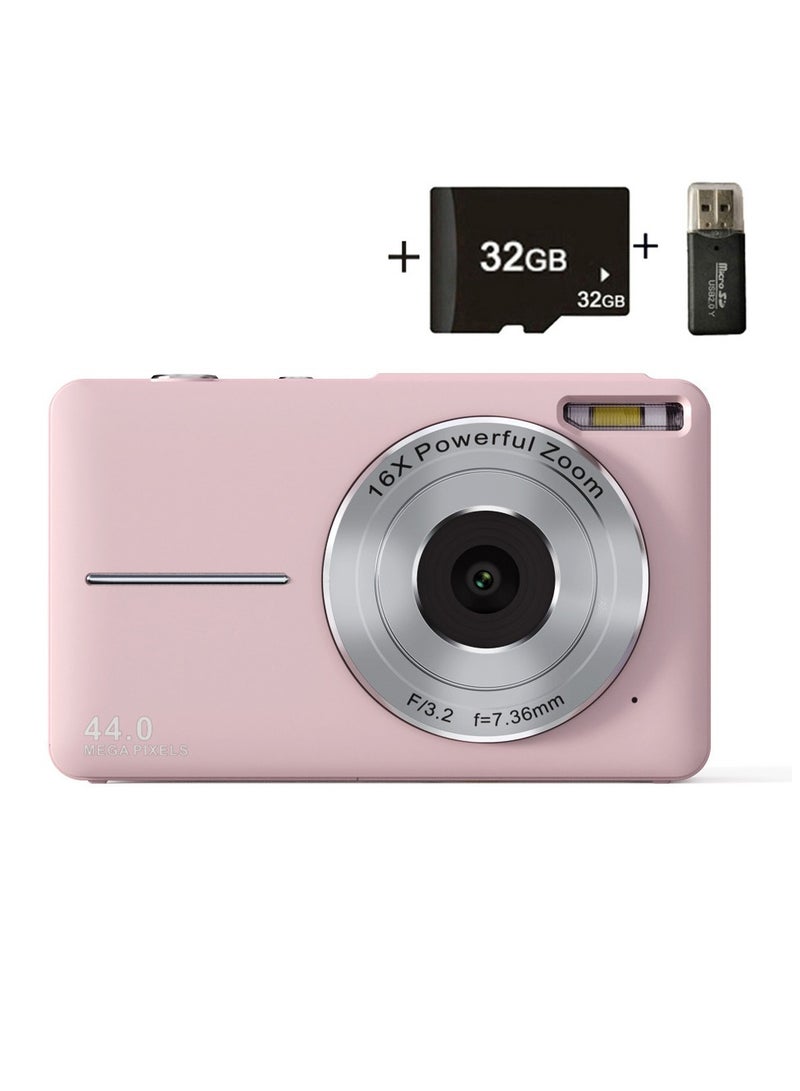 كاميرا رقمية، كاميرا للأطفال بدقة FHD 1080P، كاميرات رقمية بنقطة وتصوير بدقة 44MP مع بطاقة ذاكرة 32GB، زووم 16X، حبل، كاميرا بحجم مدمج، هدية للأولاد/البنات (وردي) - Image 2