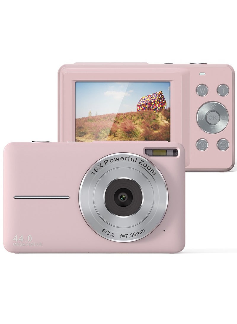 كاميرا رقمية، كاميرا للأطفال بدقة FHD 1080P، كاميرات رقمية بنقطة وتصوير بدقة 44MP مع بطاقة ذاكرة 32GB، زووم 16X، حبل، كاميرا بحجم مدمج، هدية للأولاد/البنات (وردي) - Image 3