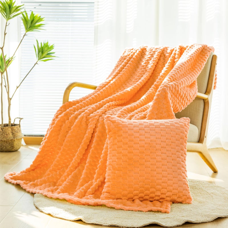 Bnuitland Soft Flannel Throw Blanket with Pillow Cover18X18 inches 50X70 inches 3D Jacquard Fluffy Lightweight Fleece Throw for CouchSofaBed 300 GSM Super Cozy Warm for All SeasonLight Orange